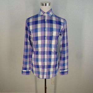 Benetton Stile Men's Shirt Made in Italy Slim Fit Purple Blue Plaid Large (40)